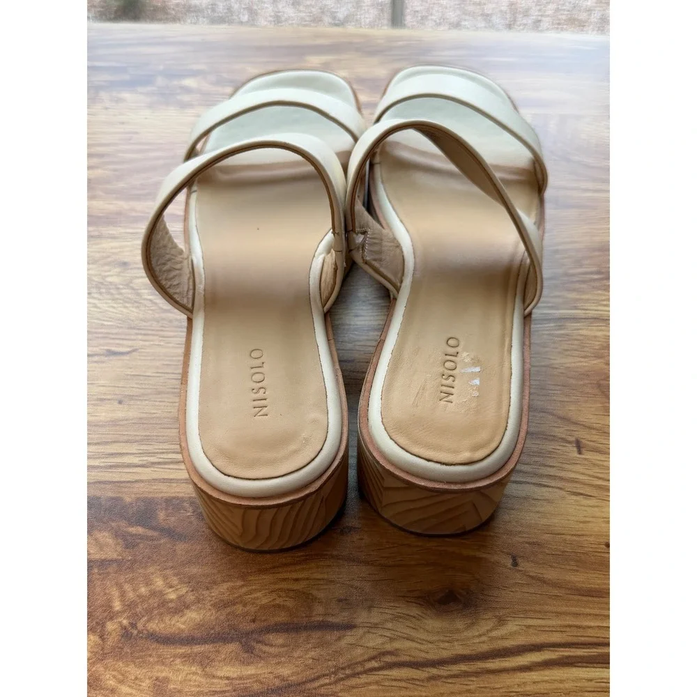 Nisolo Ellie Bone Leather Cream Wood Platform Clogs US 9